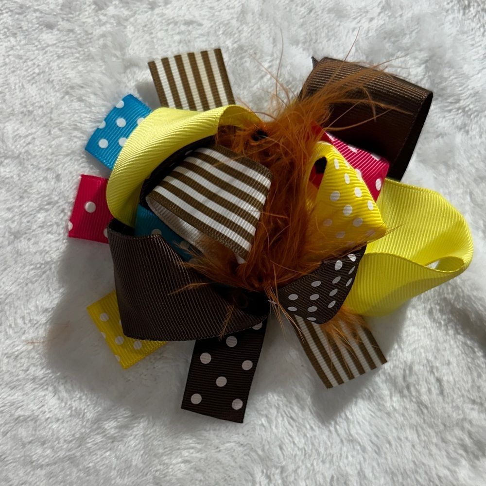 Fall theme polka dot & stripe with feathers boutique alligator clip hair bow